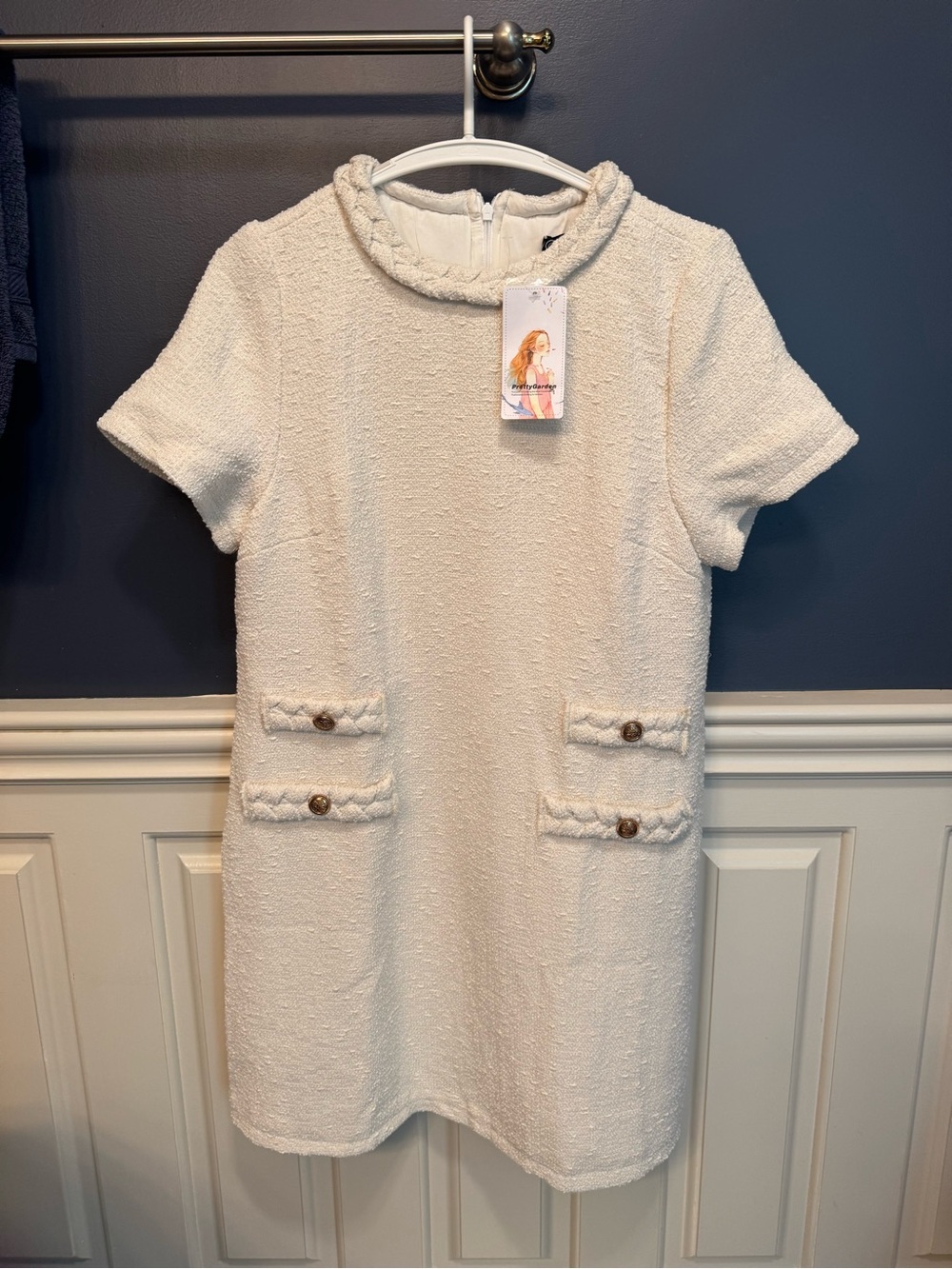 Chic Ivory Tweed Shift Dress with Pocket Details